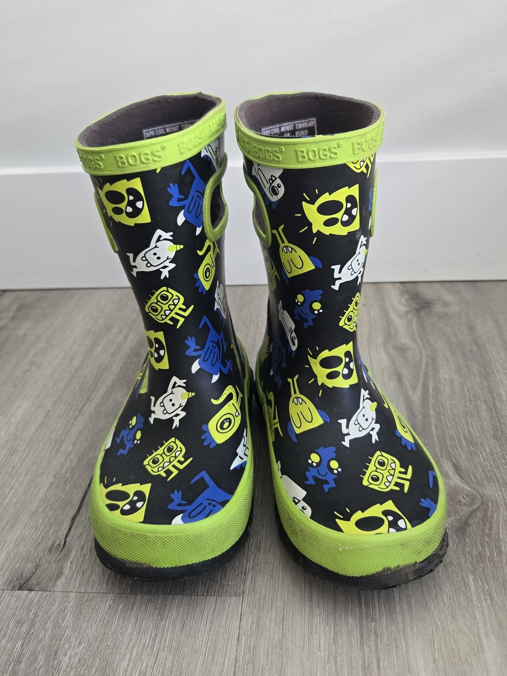 Bogs Kids Black Rain Boots with Lime, Blue & White Monster Print Us9
